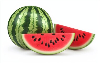 Whole and sliced watermelon with juicy red flesh and black seeds isolated on a white background