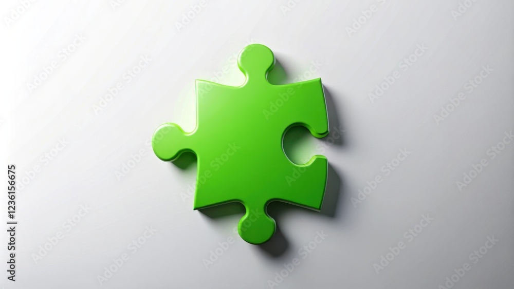 Poster a single green puzzle piece with a cut-out section, positioned against a pristine white background, 