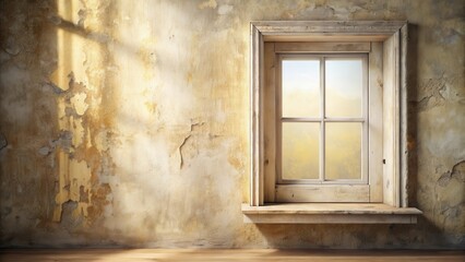 A weathered window frame and worn wall with a glimpse of light shining through the glass panes
