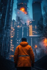 Obraz premium Industrial Worker Observing Nighttime Factory Emitting Smoke and Light