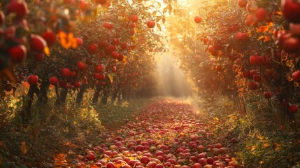 Fototapeta premium Sunlit Autumn Apple Orchard Path