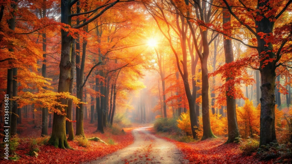 Aufkleber golden sunlight filtering through vibrant autumn foliage, creating a magical atmosphere along a wind