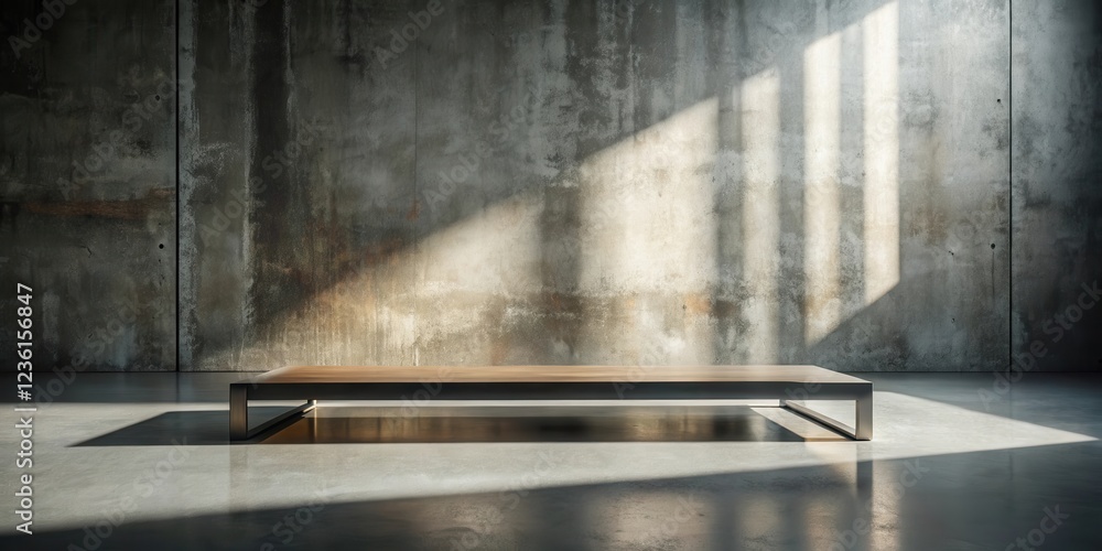 Aufkleber a minimalist wooden table sits in the center of a concrete room with sunlight streaming through wind