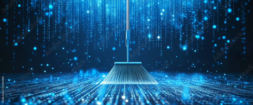 Aufkleber digital cleaning concept showing a broom sweeping away glowing data streams, symbolizing data cleani