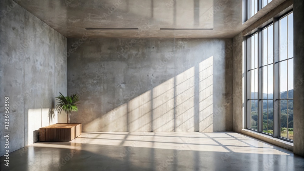 Poster sunlight streaming through a large window illuminates a minimalist concrete room with a wooden bench
