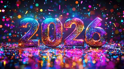 Vibrant 3D Silver Holographic Numbers Surrounded by Colorful Confetti for Celebratory Events and New Year Decorations