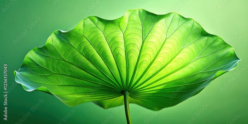 Poster A Single Green Leaf with Intricate Veins, Illuminated by a Soft Light, Creating a Stunning Visual Display of Nature's Delicate Beauty