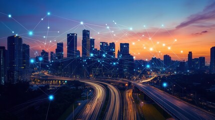 Fototapeta premium City skyline at sunset with light trails, digital network connections, urban highways, and vibrant city life representing technological growth and connectivity in modern society.