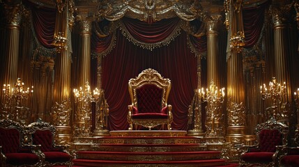 Fototapeta premium Ornate gold throne room with red velvet, lit by candelabras, fit for royalty or fantasy settings