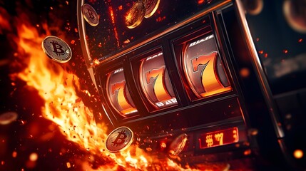 Thrilling digital slot machine interface with flaming 777 symbols and exploding payout display capturing the high stakes excitement and fortune seeking allure of a casino gambling experience