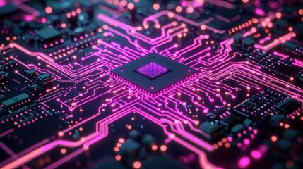 Fototapeta premium Close-up of circuit board with CPU, glowing pink pathways