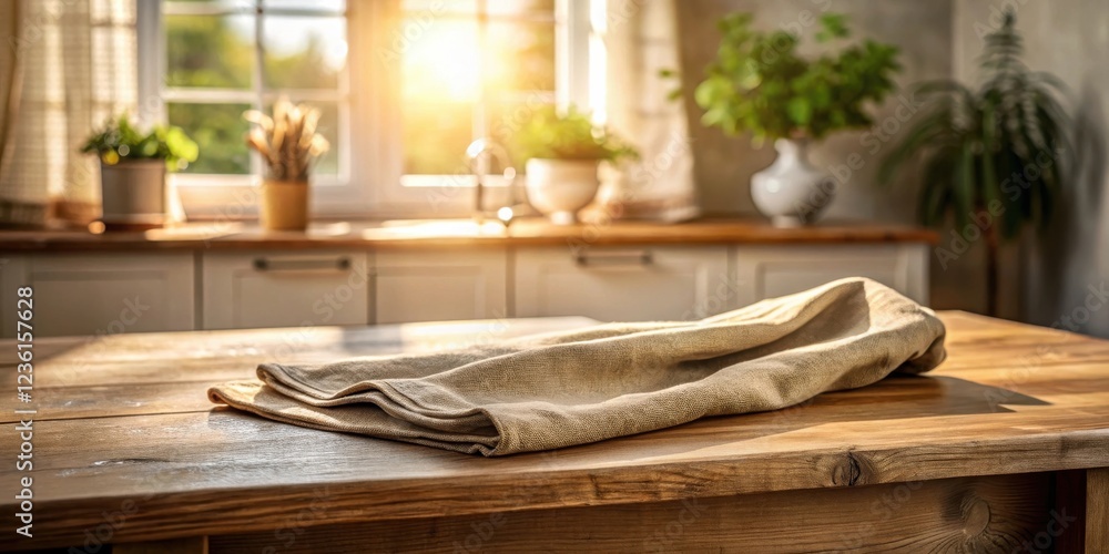 Poster a rustic wooden table set with a beige cloth, bathed in warm sunlight, creating a cozy and inviting 