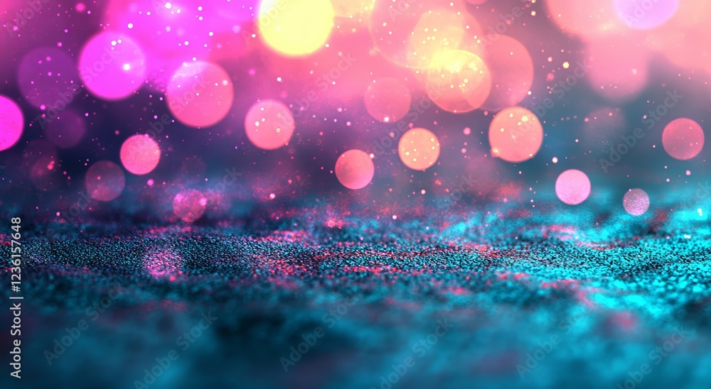 Poster Soft focus lights and abstract bokeh in a mix of pink and gray tones create a dreamy background with circular light patterns, blurred orbs, and a diffused glow of shimmering particles, producing a