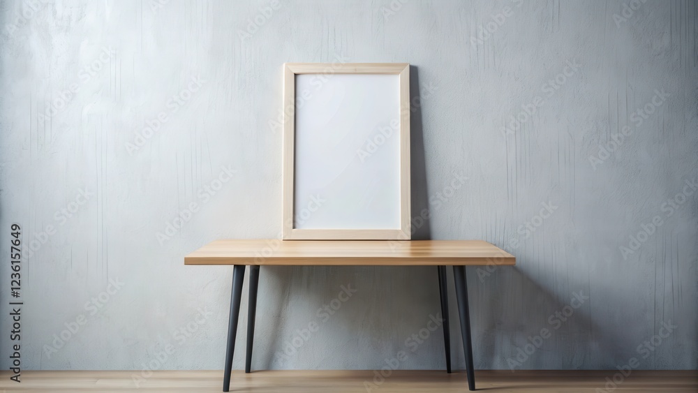 Poster a simple wooden frame with blank canvas rests on a table against a concrete wall