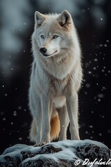 Obraz premium Majestic Arctic Wolf Stands on Snowy Rock