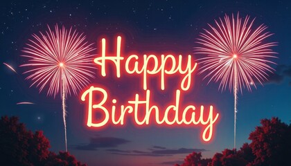 Vibrant Night Sky Fireworks Celebrate Happy Birthday with Stars and Trees Background