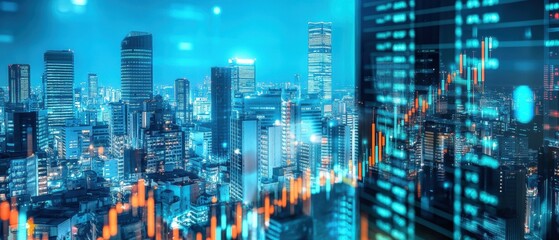 City skyline with data visualization and financial growth, showcasing digital technology, stock market trends, and economic development in urban landscape.