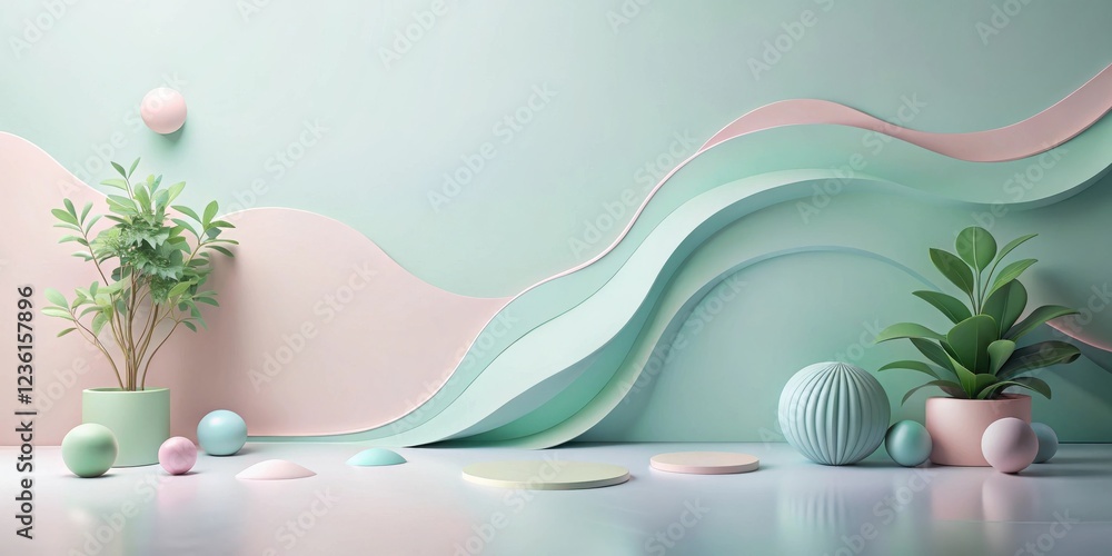 Aufkleber abstract minimalist green and pink wavy background with geometric shapes and plants