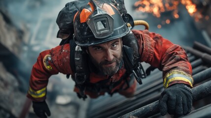 Fototapeta premium A firefighter climbing a ladder during a rescue operation,