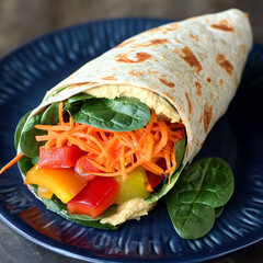 Colorful veggie wrap with hummus, spinach, bell pepper, and carrots, served on blue plate. healthy and vibrant meal option