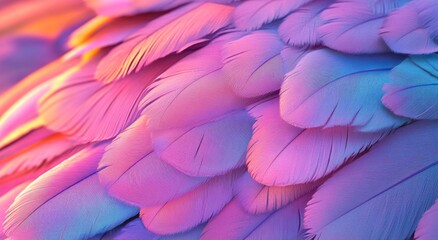 In macro photography, ethereal white feathers with soft focus and delicate texture against a purple background, create a dreamy atmosphere, high contrast, abstract composition, light and shadow play