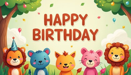Fototapeta premium Vibrant Animated Birthday Card with Five Animals and Celebration Elements