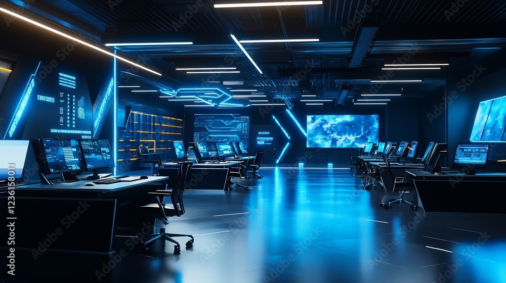 Poster advanced technology control center with glowing neon elements and multiple workstations