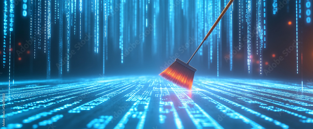 Fototapete Digital broom sweeping through binary data streams, symbolizing data cleaning, data analysis, and the process of digital transformation in a tech-driven environment.