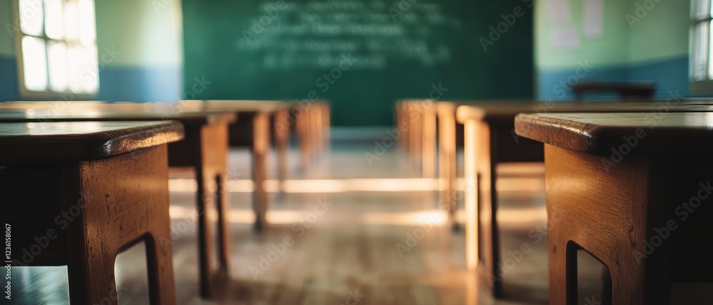 Poster classroom interior featuring empty wooden desks arranged in rows with a blackboard in the background