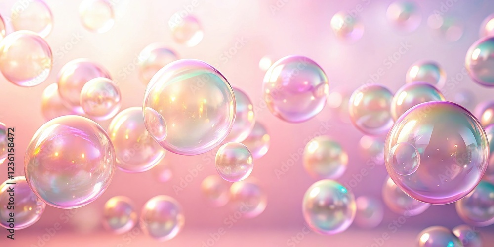 Aufkleber Shimmering iridescent bubbles float in a soft pink ethereal light, creating a dreamy and whimsical abstract scene.