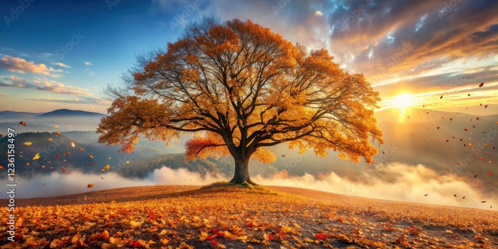 Poster a solitary tree with vibrant autumn foliage stands majestically atop a hill, bathed in the golden gl