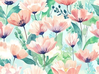 Fototapeta premium Pastel Poppies Watercolor Floral Pattern
