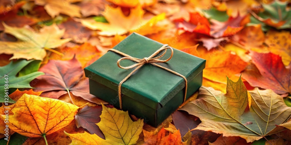 Poster a green gift box wrapped in twine sits on a bed of vibrant autumn leaves, creating a warm and inviti