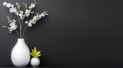 White vase with cherry blossoms against dark wall