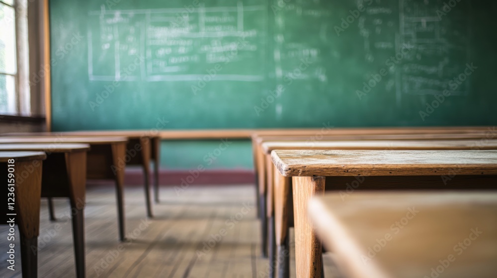 Poster classroom setting with empty wooden desks in front of green chalkboard, ready for learning, educatio