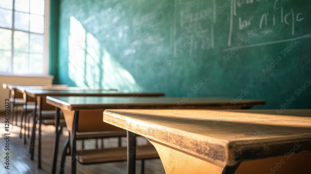 Poster classroom setting with wooden desks illuminated by sunlight, chalkboard in background, inspiring lea