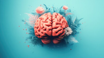 Obraz premium Surreal Creative Brain with Flowers and Leaves on Vibrant Blue Background