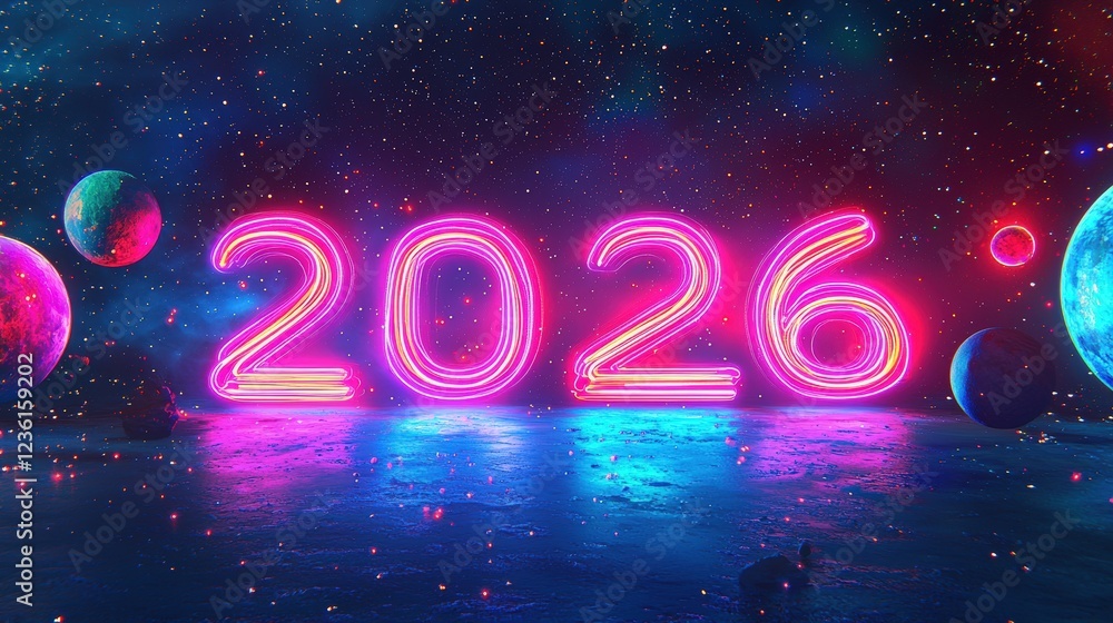 Aufkleber soft glowing neon tubes forming the year 2026 in a 3d space with floating planets and colorful backg