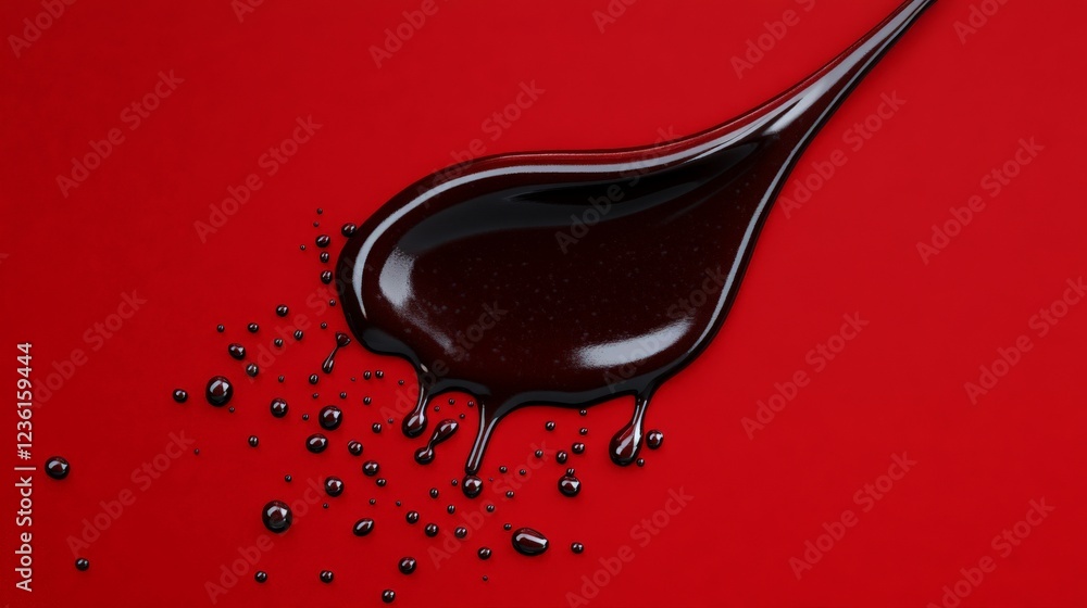 Poster liquid dark elegance: a dramatic close-up shot of a viscous, dark liquid flowing and splattering on 