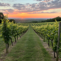 Fototapeta premium Vineyard Sunset: Rows of lush grapevines stretch towards a vibrant sunset over the countryside, creating a picturesque and romantic scene of vineyards bathed in golden light.