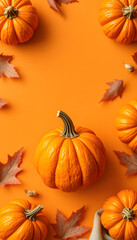 Pumpkin modern banner background with orange natural color. Vegetable pumpkin poster or wallpaper. Pumpkin cooking master class. Thanksgiving day template. Autumn recipe picture. Vegan life. Flatlay