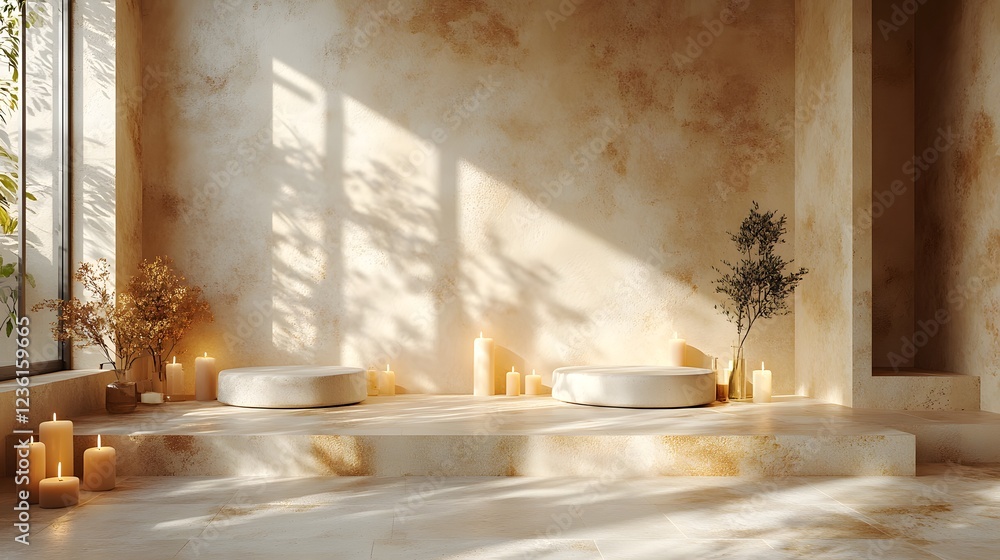 Poster frame mockup close up a tranquil beige room with candles arranged nearby soft shadows and cozy textu