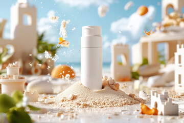 Sunscreen bottle on sandy beach with summer sandcastles and bright blue sky