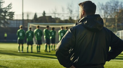 Coach observing soccer team preparing for free kick on field, strategizing gameplay, teamwork, and athlete training. Focus on sports leadership and motivation.
