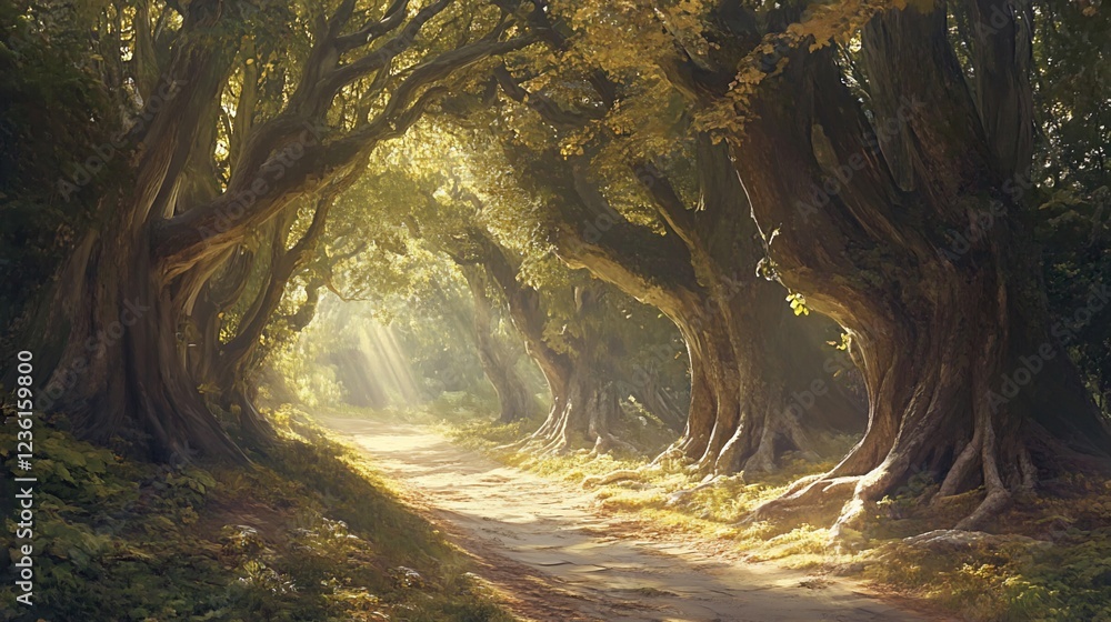 Poster sunlit path through a mystical forest with ancient trees and golden light