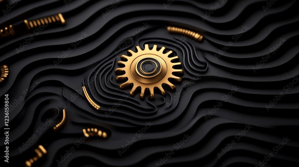 Poster golden cog in abstract design: an intricate golden cog, symbolic of precision and power, rests in a 