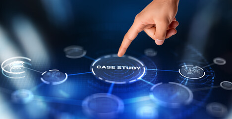 Case study button on virtual screens. Education Analysis concept