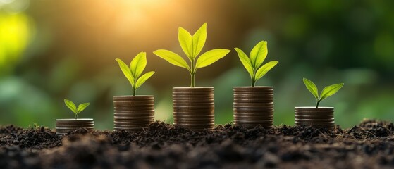 Coins, seedlings growing in soil representing financial growth and investment opportunities in business, wealth management, and economic prosperity concepts.