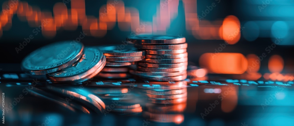 Poster coins stacked on a reflective surface with a blurred financial graph in the background. concepts of 