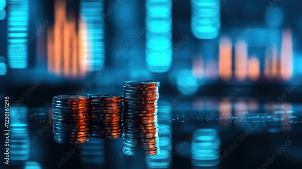 Poster coins stacked on a reflective surface with abstract financial graphs in the background, symbolizing 
